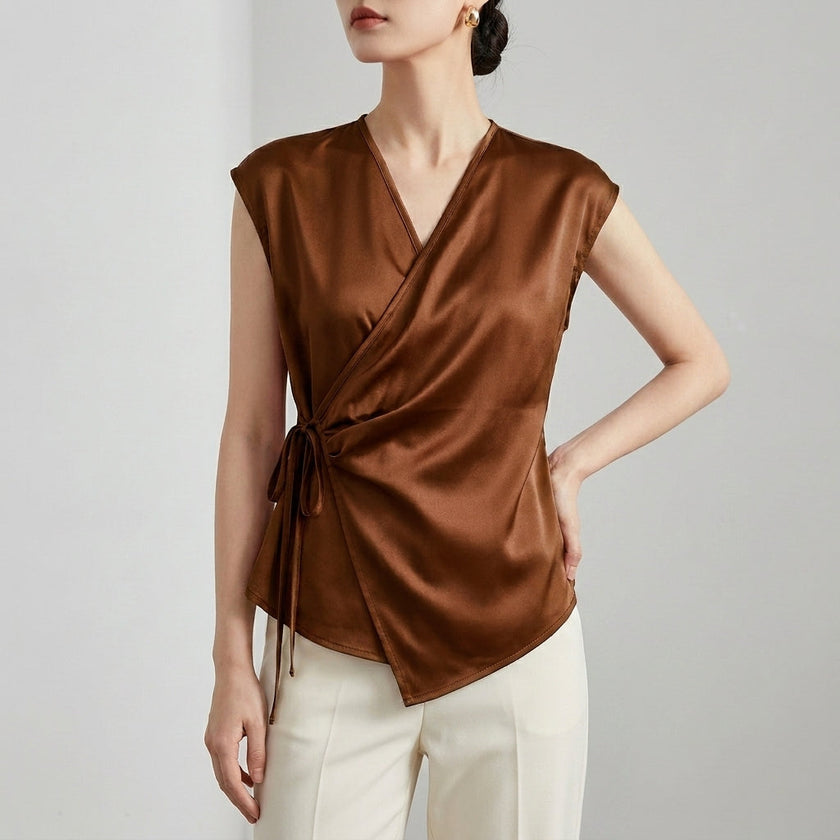 Dark brown FJØRNA summer sleeveless satin blouse with V-neck, stylish women's top perfect for warm weather.