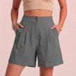 Dark gray women's summer shorts by FJØRNA, high waist linen shorts with pockets, breathable and comfortable for warm weather.