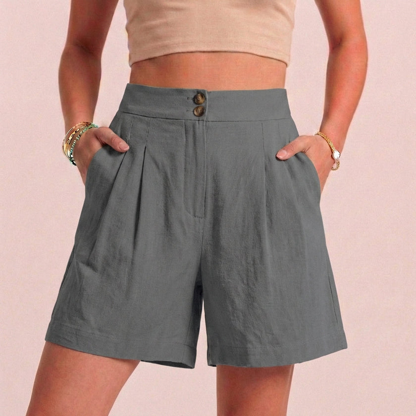 Dark gray women's summer shorts by FJØRNA, high waist linen shorts with pockets, breathable and comfortable for warm weather.