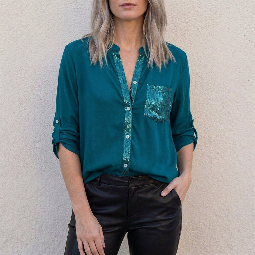 Dark green women's summer blouse with V-neck and button-front denim design, by FJØRNA, styled as a casual top.