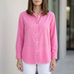 Dark pink linen summer blouse for women with button front by FJØRNA, featuring a casual, stylish design perfect for warm weather.