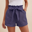 Dark purple linen summer shorts for women with high waist and pockets, stylish FJØRNA women's clothing.