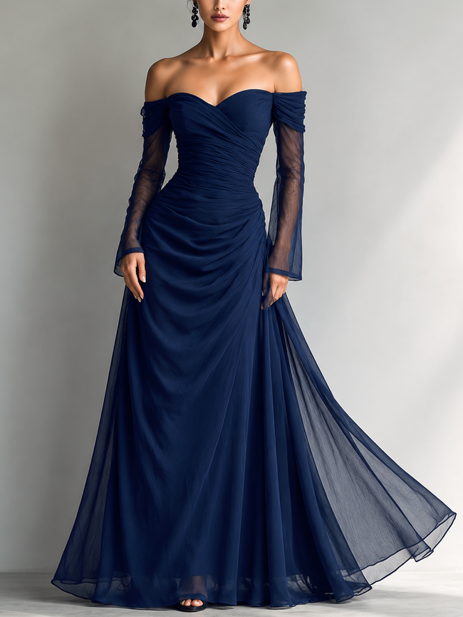 Dark blue chiffon maxi dress by FJØRNA, elegant evening dress with flowing fabric and floor-length design, perfect for formal events.