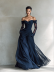 Dark blue chiffon maxi dress by FJØRNA, elegant evening dress with flowing fabric and a flattering silhouette.