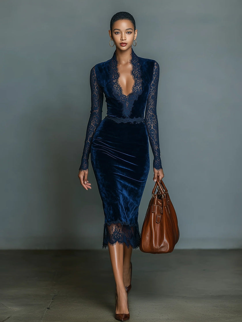 Dark Blue Velvet V-Neck Midi Dress | Evening Dress