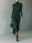 Dark Green Knit Wrap Midi Dress For Women