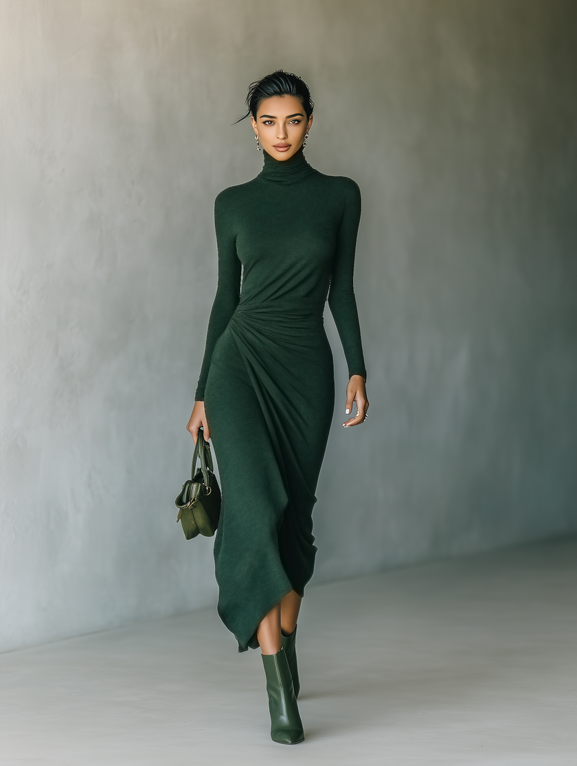 Dark Green Knit Wrap Midi Dress For Women