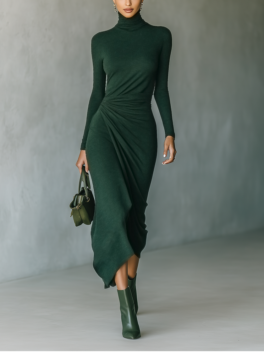 Dark Green Knit Wrap Midi Dress For Women