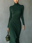 Dark Green Knit Wrap Midi Dress For Women