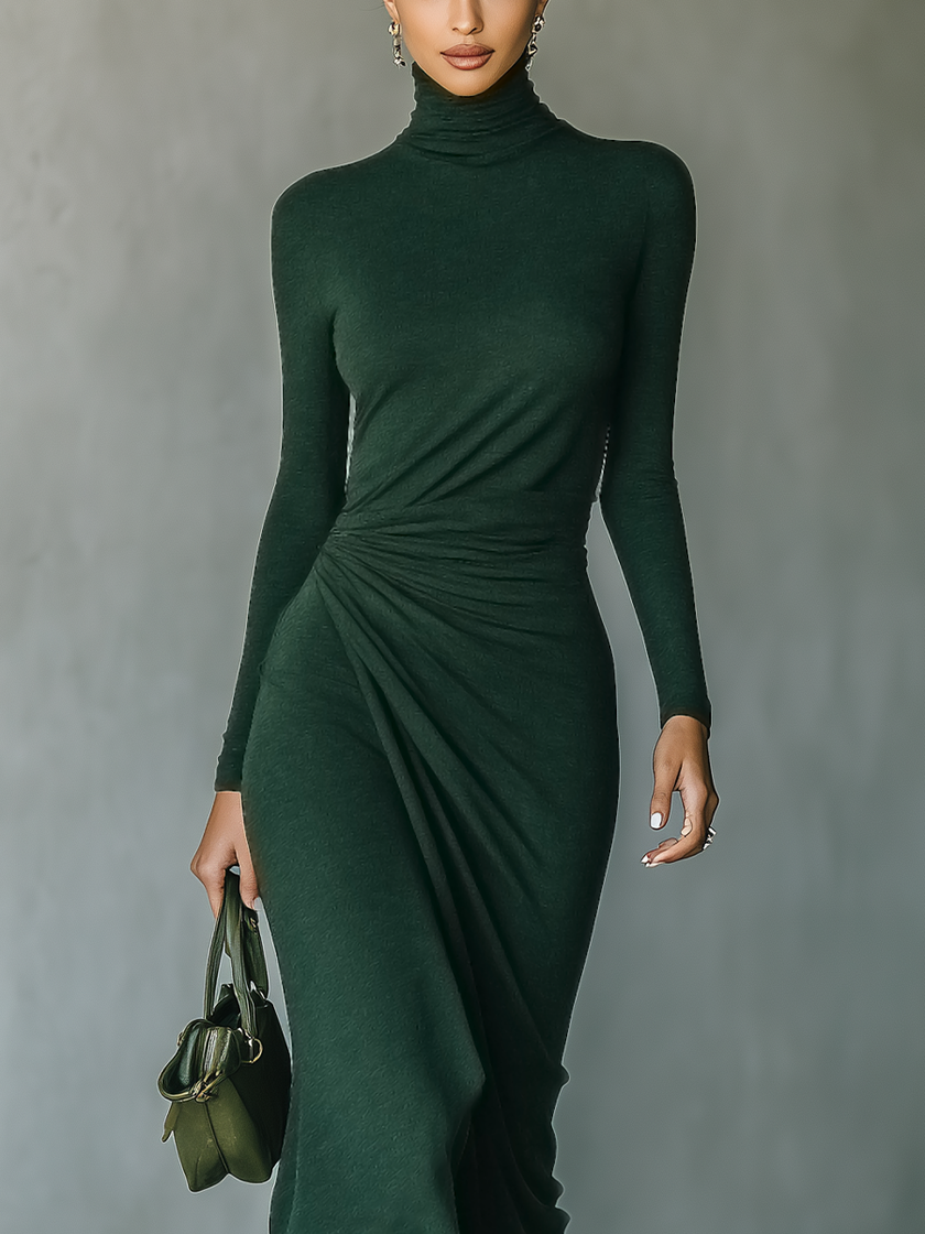 Dark Green Knit Wrap Midi Dress For Women