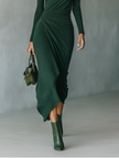 Dark Green Knit Wrap Midi Dress For Women