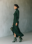 Dark Green Knit Wrap Midi Dress For Women