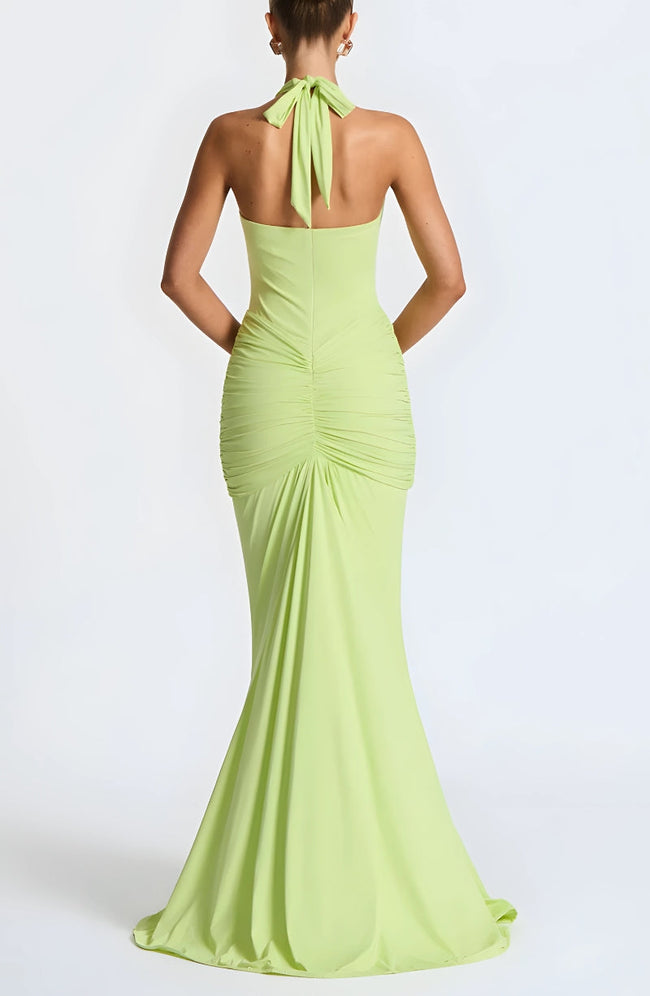 FJØRNA deep plunge ruched women's maxi dress in vibrant fabric, perfect for summer and special occasions, shown on a model.