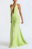 FJØRNA deep plunge ruched women's maxi dress in vibrant summer style, featuring a fitted bodice and flowing skirt.