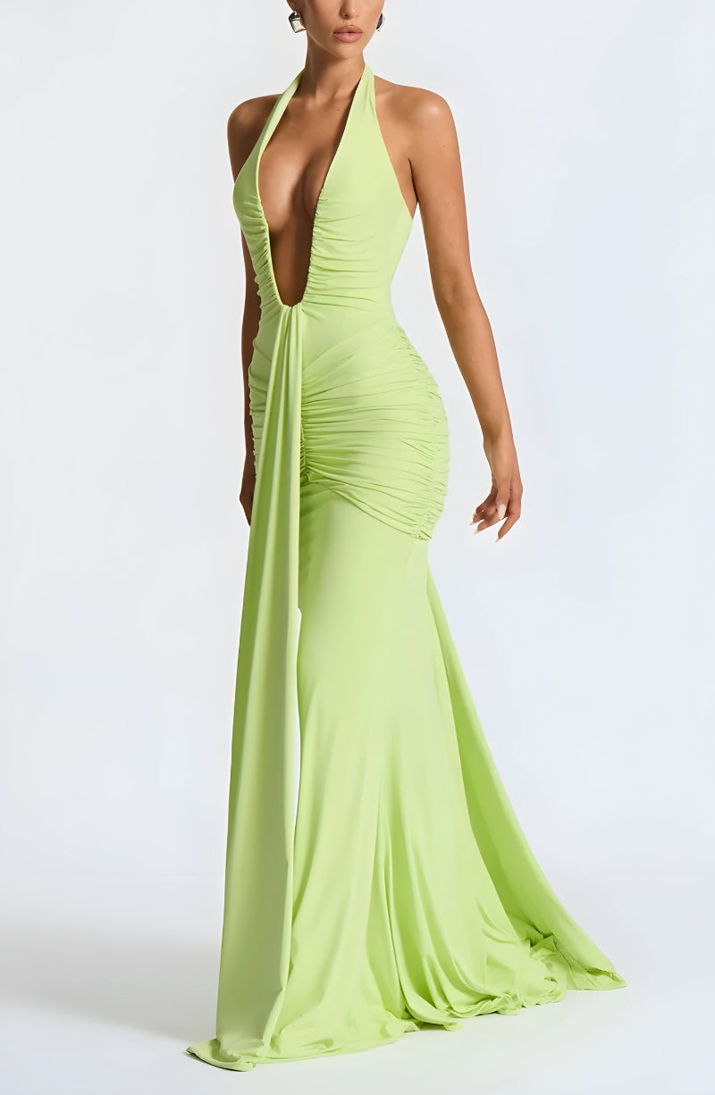 FJØRNA deep plunge ruched women's maxi dress in vibrant summer style, featuring a fitted bodice and flowing skirt.