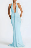 FJØRNA deep plunge ruched maxi dress for women, elegant summer dress with a fitted bodice and flowing skirt, perfect for special occasions.