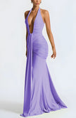 FJØRNA deep plunge ruched women's maxi dress in elegant design, perfect for summer and special occasions, shown on a model.