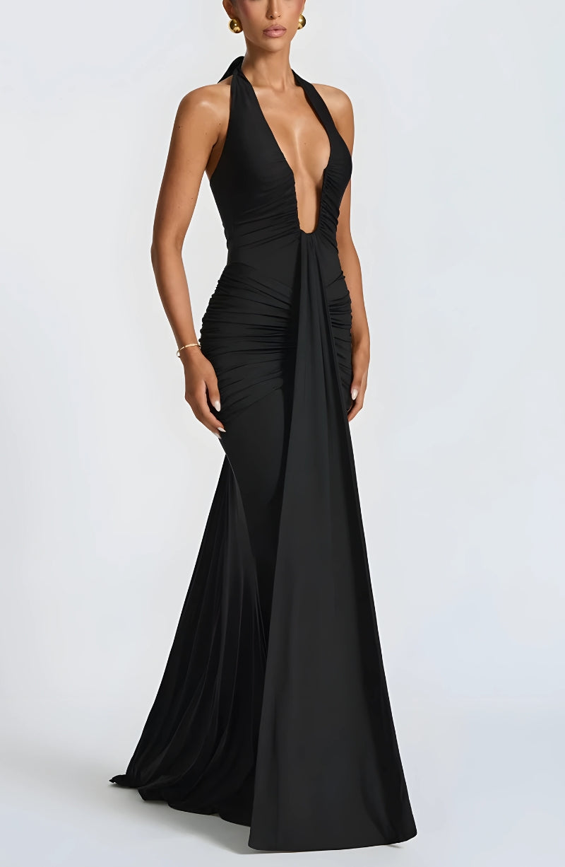 FJØRNA deep plunge ruched women's maxi dress in vibrant fabric, perfect for summer and special occasions.