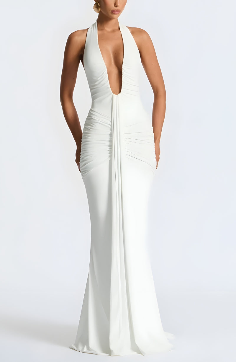 FJØRNA deep plunge ruched women's maxi dress in a vibrant color, perfect for summer and special occasions.