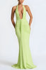 FJØRNA deep plunge ruched women's maxi dress in elegant style, perfect for summer and special occasions, shown with flowing fabric.
