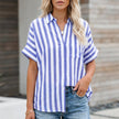 Denim blue striped linen summer blouse for women with button front, casual top by FJØRNA.