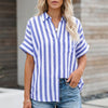 Denim blue striped linen summer blouse for women with button front, casual top by FJØRNA.