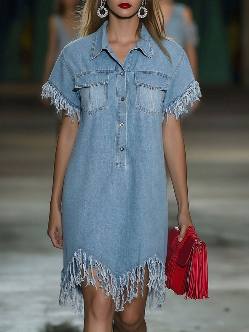 Denim Tassel Mini Dress | Casual Dress