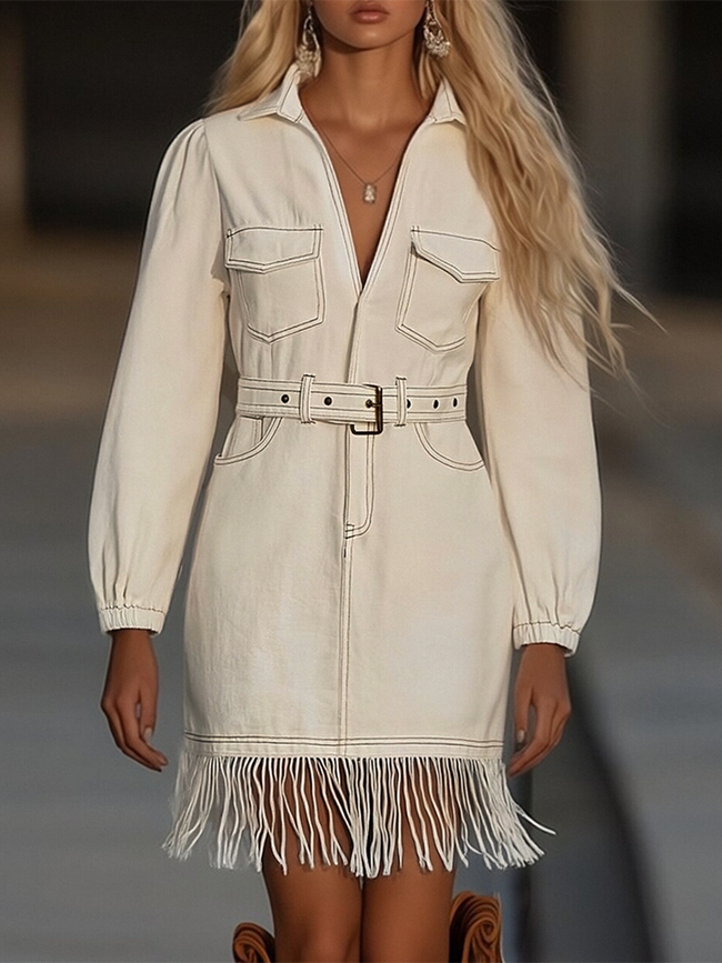FJØRNA denim tassel mini dress for women, sleeveless with tassel details, fitted silhouette and casual style.