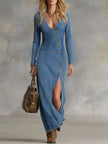 Denim V-Neck Maxi Dress Single For Women