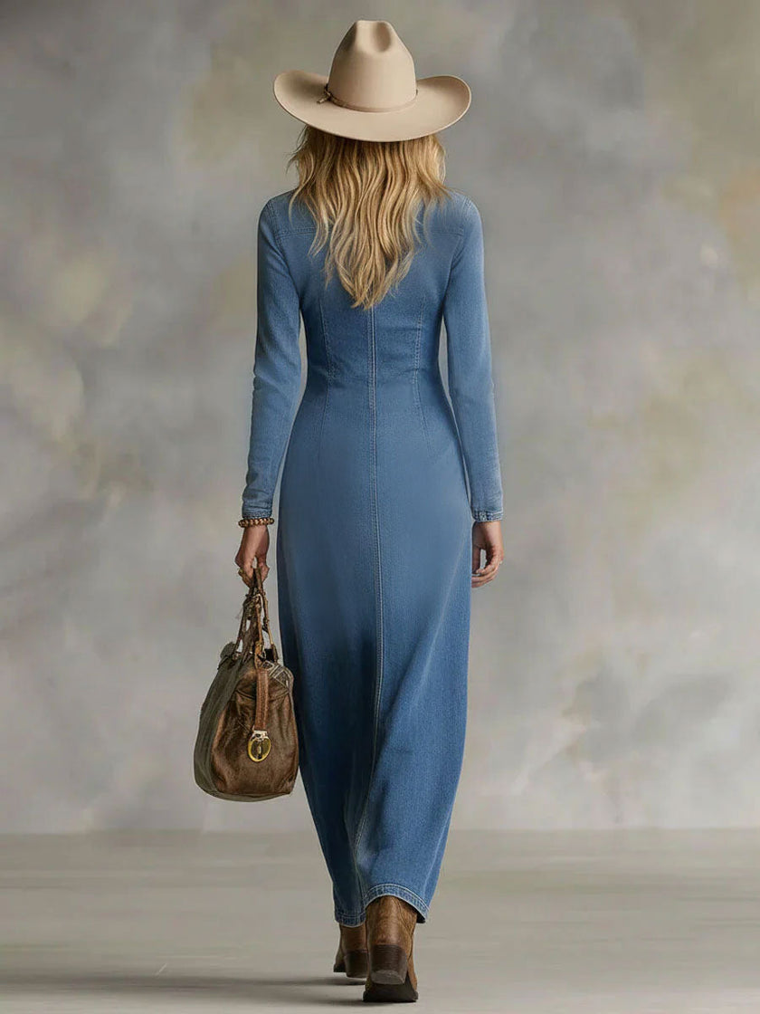 Denim V-Neck Maxi Dress Single For Women