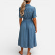 FJØRNA women's denim shirt dress, midi length with button front and casual, comfortable fit, ideal for everyday wear.