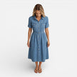 FJØRNA women's denim shirt dress in midi length with button front, casual and comfortable for everyday wear.