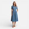 FJØRNA women's denim shirt dress, midi length with button front and casual, comfortable fit, suitable for everyday wear