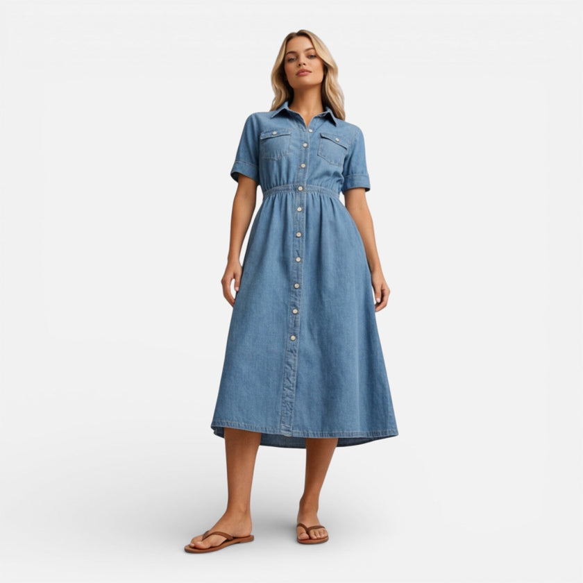 FJØRNA women's denim shirt dress with midi length, button front, casual style, perfect for comfortable everyday wear.