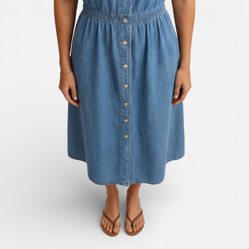 FJØRNA women's denim shirt dress with midi length, button front, casual style, and comfortable fit, perfect for everyday wear.