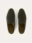 Men's dark green suede moccasin slippers by FJØRNA, featuring a soft suede upper and comfortable slip-on design.