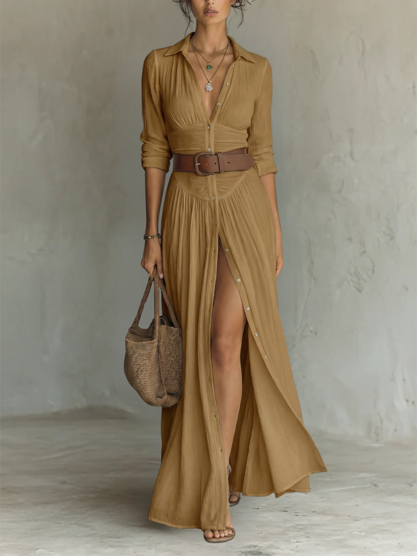 FJØRNA women's long sleeve summer dress with slit, flowing fabric and stylish design for warm weather occasions.
