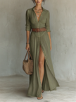 FJØRNA women's summer dress with long sleeves and slit, featuring lightweight fabric and a flowing design for warm weather wear.