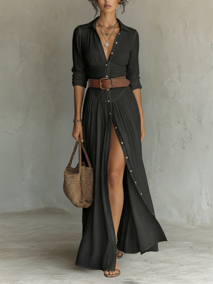 FJØRNA women's summer dress with long sleeves and a front slit, flowing lightweight fabric, perfect for warm weather.