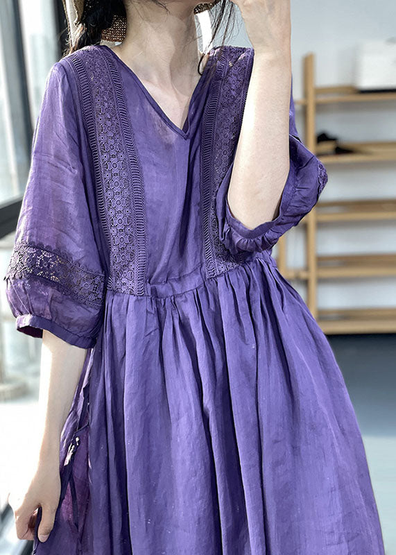 Purple lace patchwork cotton dress with V-neck, lantern sleeves, and cinched hem, ideal for casual or wedding occasions by FJØRNA.