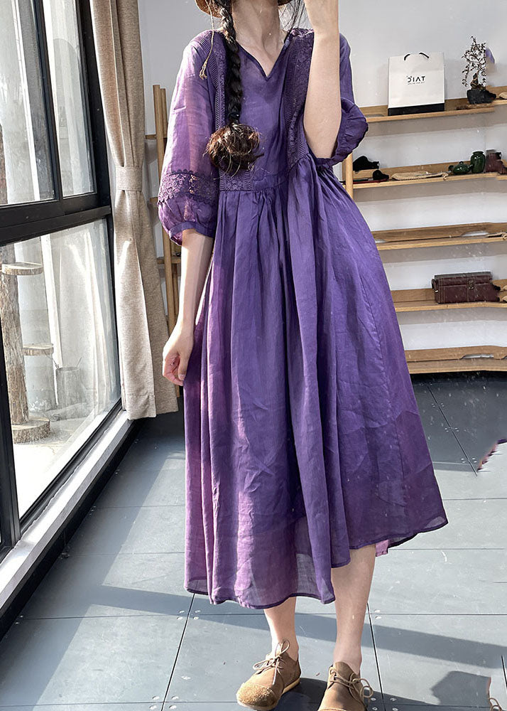 Purple lace patchwork cotton dress with V-neck, lantern sleeves, and cinched waist, ideal for casual or wedding occasions by FJØRNA.