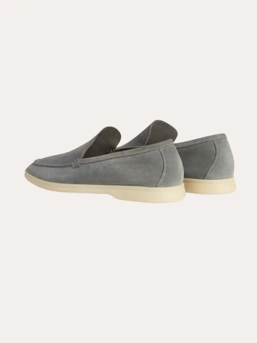Men's grey suede loafers by FJØRNA, classic slip-on shoes with smooth texture and rounded toes, perfect for casual or formal wear.