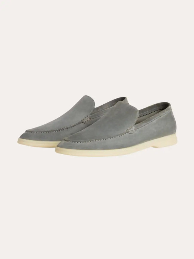 Men's grey suede loafers by FJØRNA, classic men's shoes with smooth suede finish and stylish design.