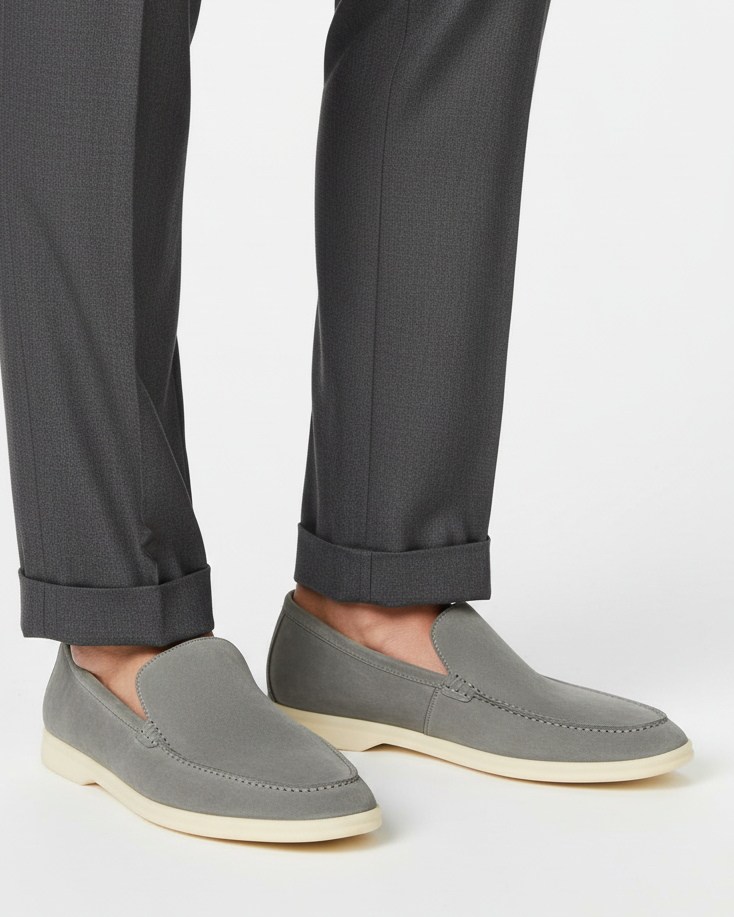 Men's FJØRNA grey suede loafers, classic slip-on shoes with smooth finish and stylish design, suitable for casual and formal wear.