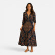 Lightweight women's floral midi dress by FJØRNA featuring bohemian-inspired patterns and flowing fabric.