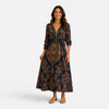 Lightweight women's floral midi dress by FJØRNA featuring bohemian-inspired patterns and flowing fabric.