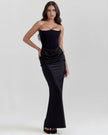 Velvet women's strapless corset maxi dress with ruched detail by FJØRNA, elegant and fitted for formal occasions.