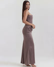 FJØRNA women's strapless velvet maxi dress with ruched detail, elegant and flowing design for formal occasions.