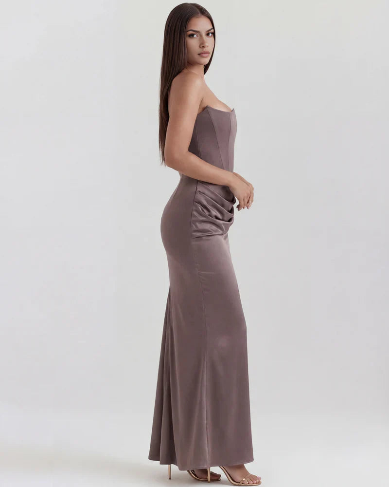 FJØRNA women's strapless velvet maxi dress with ruched detail, elegant and flowing design for formal occasions.
