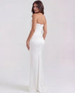 Women's velvet strapless corset maxi dress with ruched detail by FJØRNA, shown on a model.